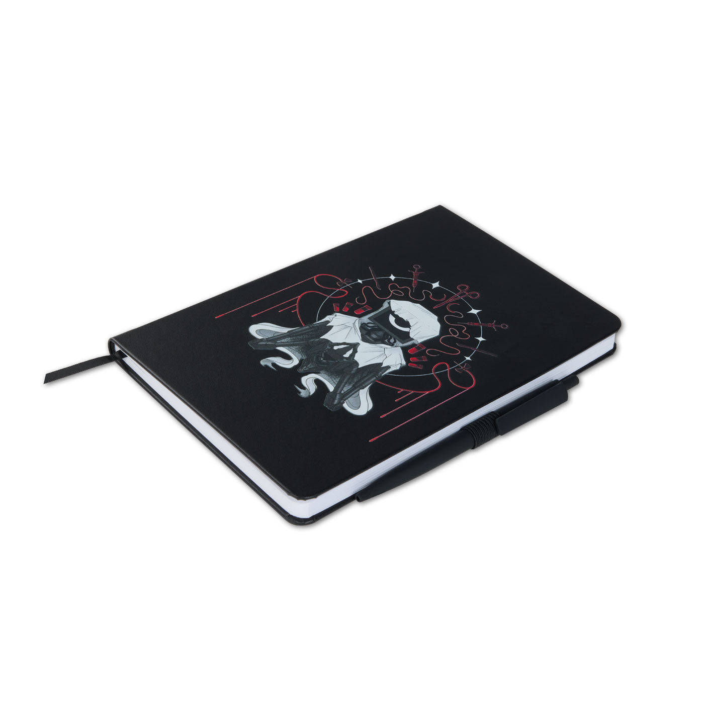 A black notebook with The Doctor and red gothic-style graphic on the cover, shown at an angle.