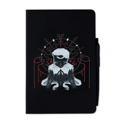 Black notebook with attached pen featuring a symmetrical illustration of The Doctor.