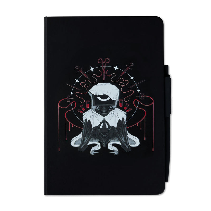 Black notebook with attached pen featuring a symmetrical illustration of The Doctor.