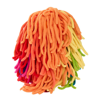 Yarnaby plush back view with long, thick strands of hair in a rainbow gradient, including orange, yellow, green, blue, and pink.
