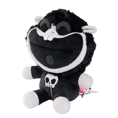 A black and white Baba Chop plush toy character with a wide open grin, wearing a small white skull graphic on the chest.
