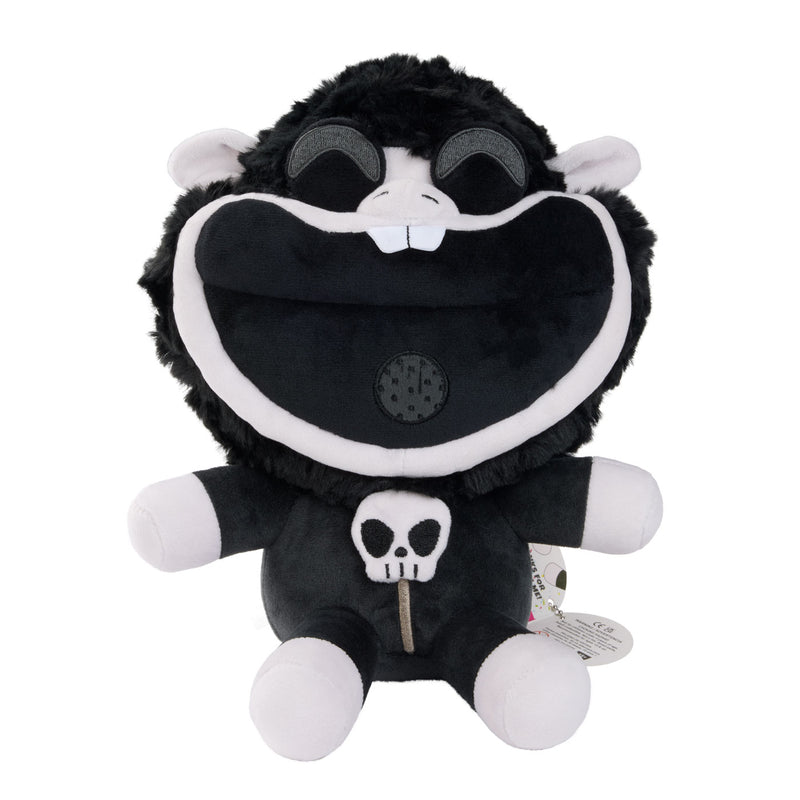 A black and white  Baba Chop plush toy with a wide open mouth, wearing a black outfit with a white skull detail.