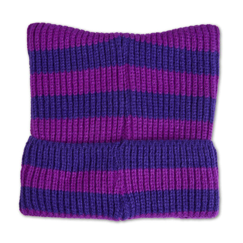 A ribbed knit beanie hat with horizontal stripes in purple. 