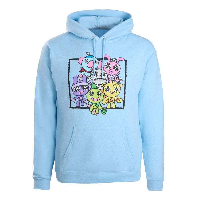A light blue pullover hoodie with a colorful cartoon graphic on the chest, featuring six outimal characters inside a black outlined square.