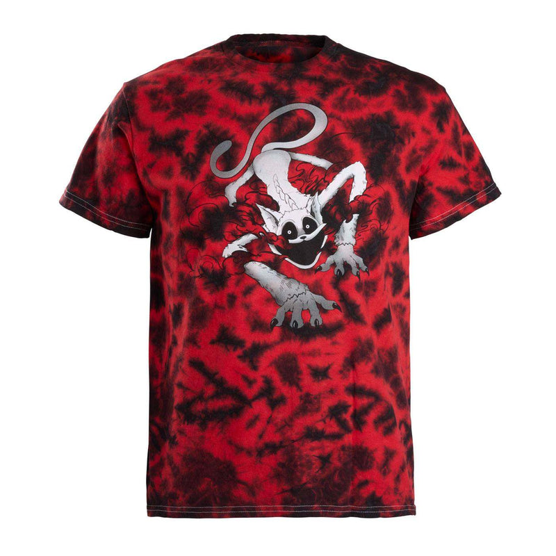 A red and black tie-dye t-shirt featuring a grey monster catNap with red smoke coming out of the mouth.