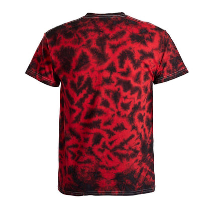 A short-sleeve crewneck t-shirt shown from the back, featuring a vibrant red and black tie-dye pattern.