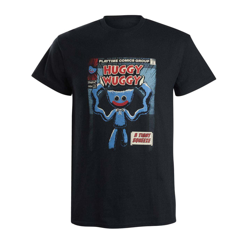 A black short-sleeve crewneck t-shirt featuring a vintage comic book cover graphic of Huggy Wuggy from Playtime Comics Group.