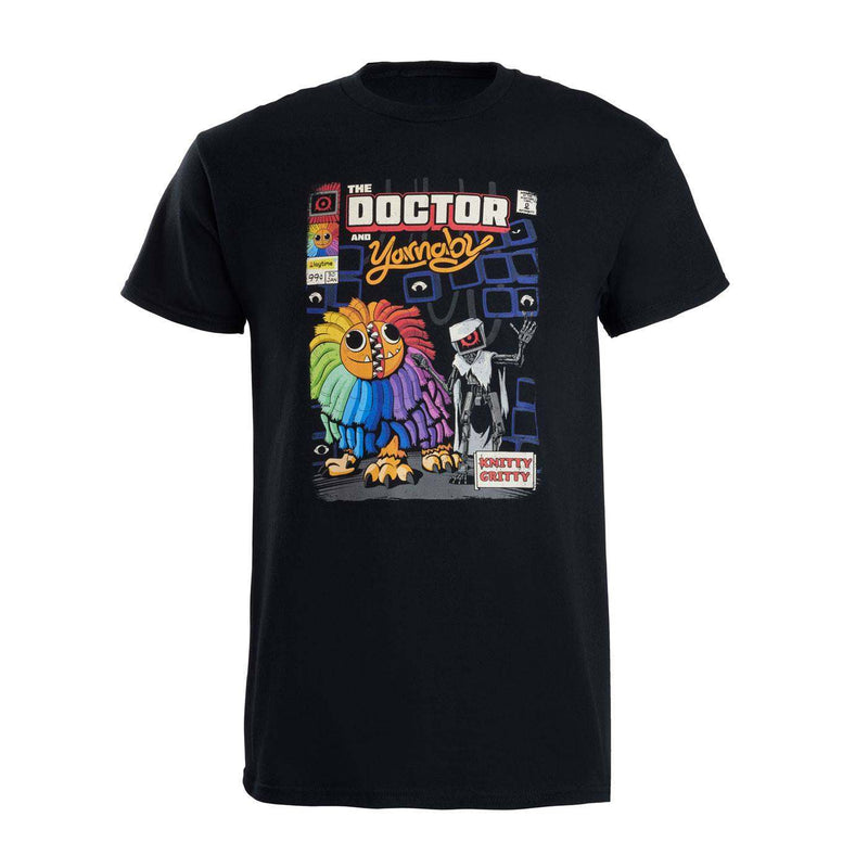 Front view of the Doctor & Yarnaby Comic Book Tee with monochrome comic-style artwork and bold graphic lettering.
