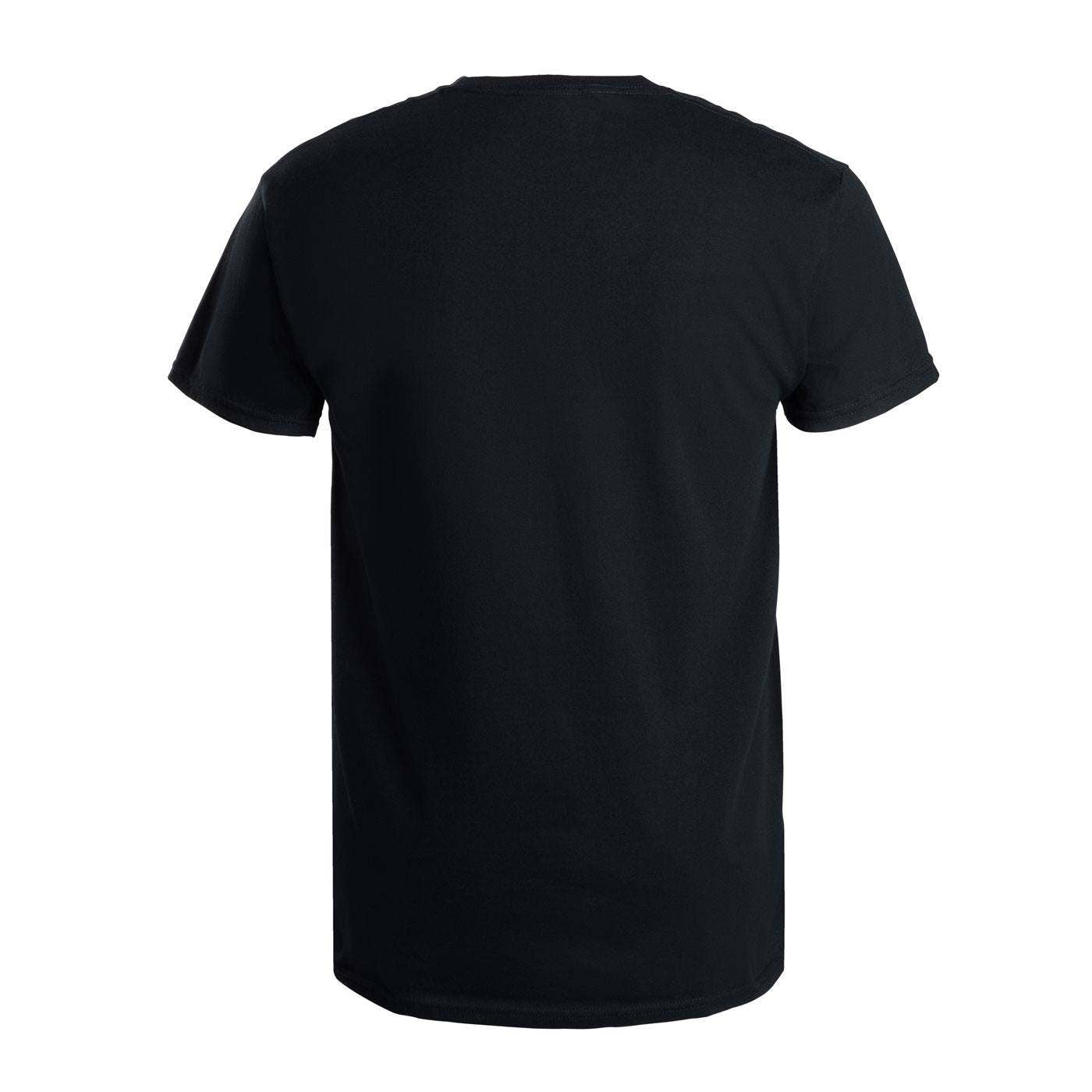 A black short-sleeve crewneck t-shirt shown from the back.