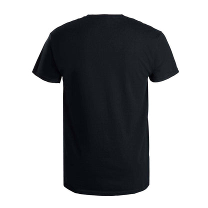 A black short-sleeve crewneck t-shirt shown from the back.