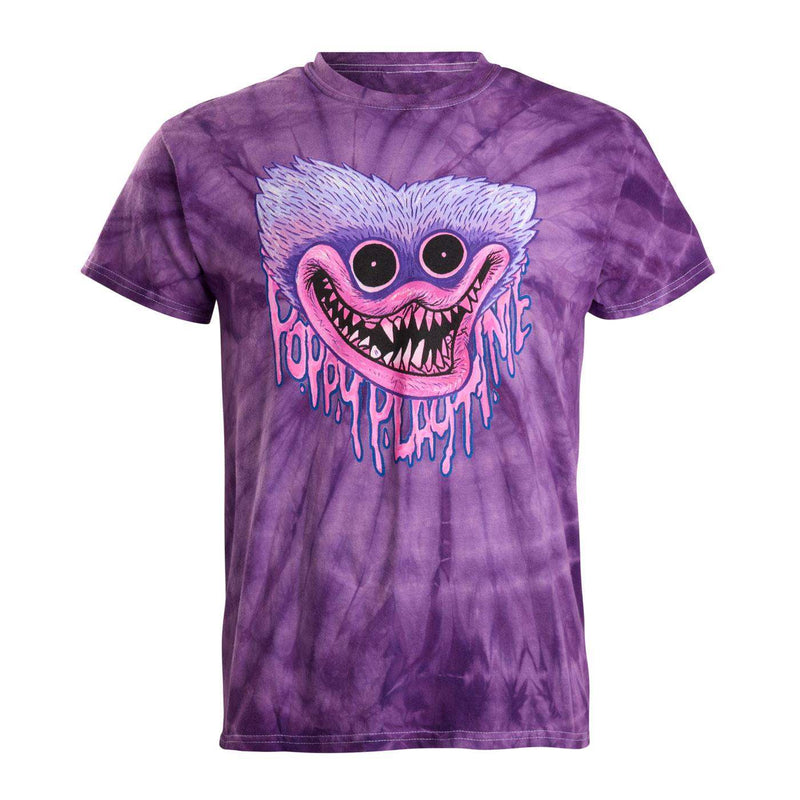 A purple tie-dye short-sleeve t-shirt featuring a large graphic of a huggy wuggy monster face with the text 'Poppy Playtime' in dripping pink and blue letters.