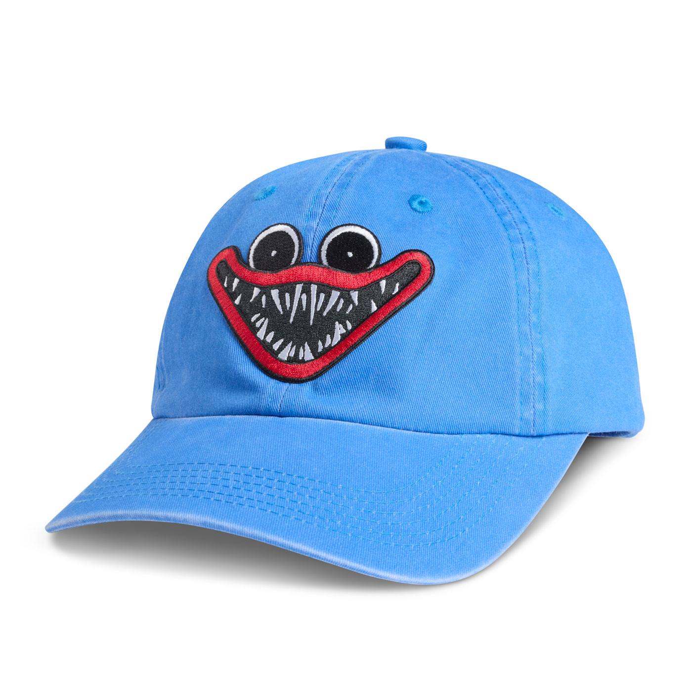 Blue cap with a cartoonish huggy wuggy face design.