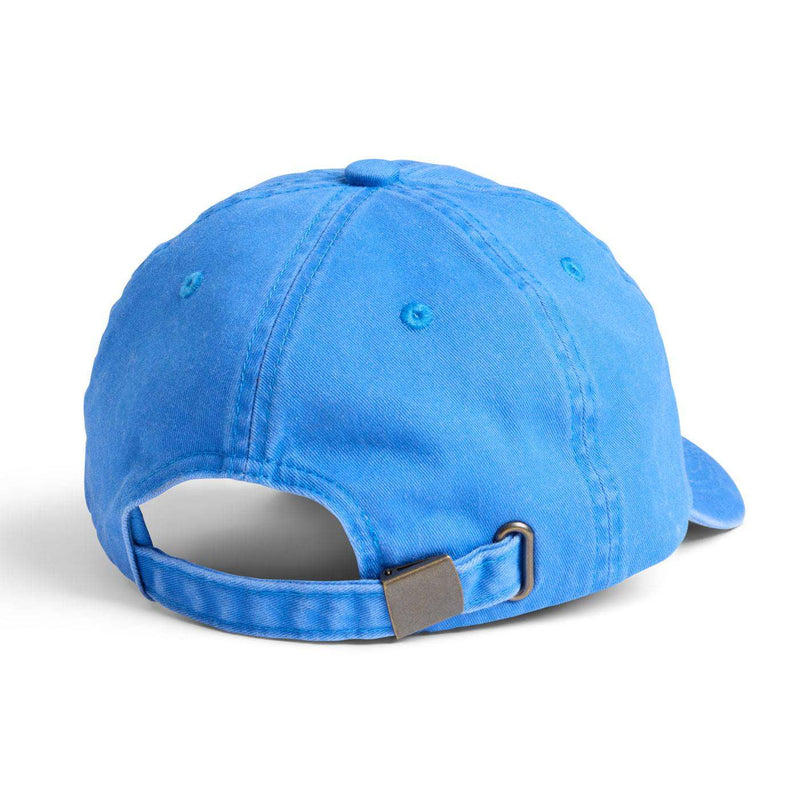 Blue baseball cap with metal buckle closure.