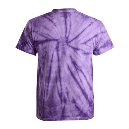 A purple tie-dye short-sleeve t-shirt shown from the back, featuring a radial burst pattern in shades of purple and lavender.