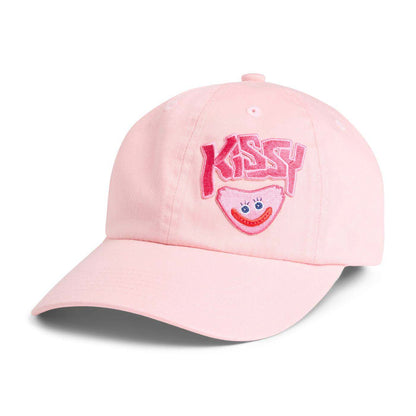 Pink cap with 'Kissy' text and smiling kissy missy face design.