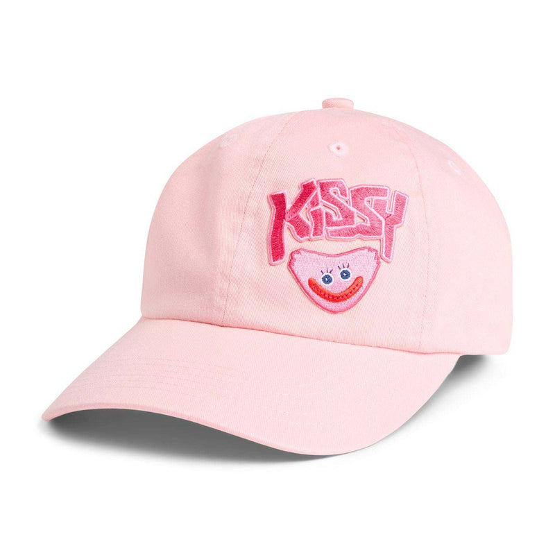 Pink cap with 'Kissy' text and smiling kissy missy face design.