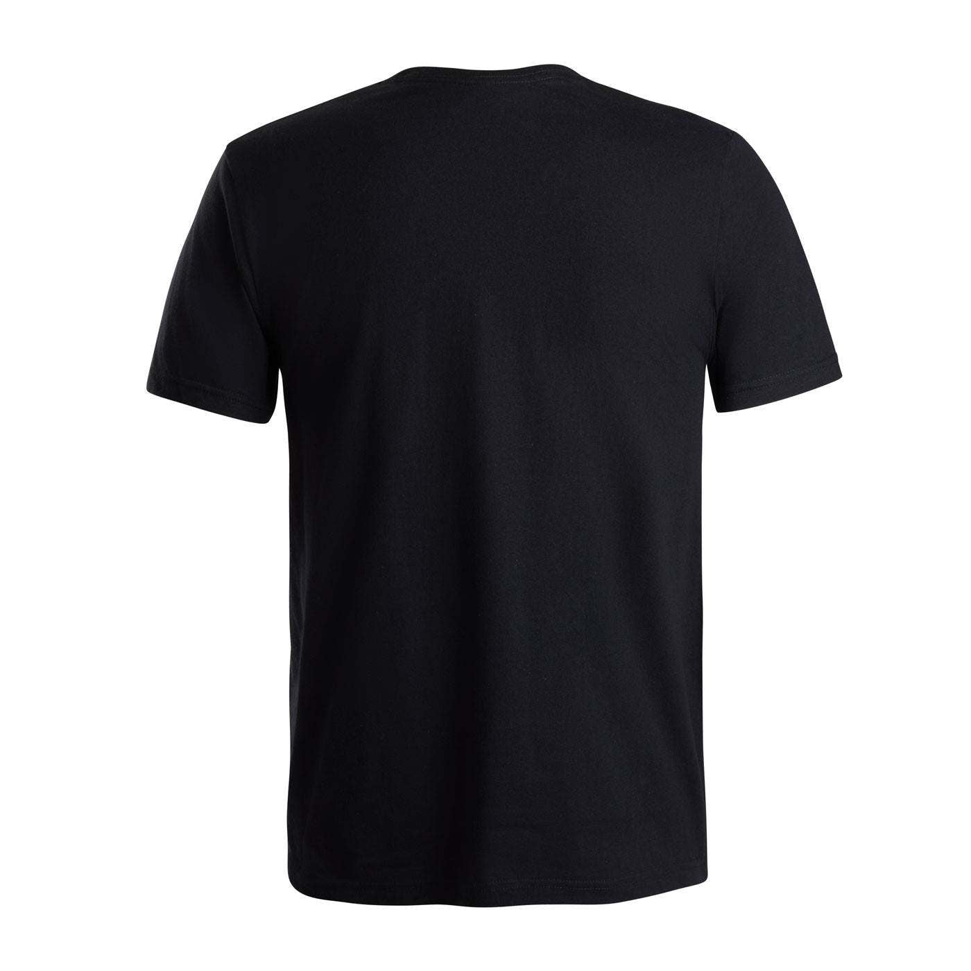 A plain black short-sleeve crewneck t-shirt shown from the back.