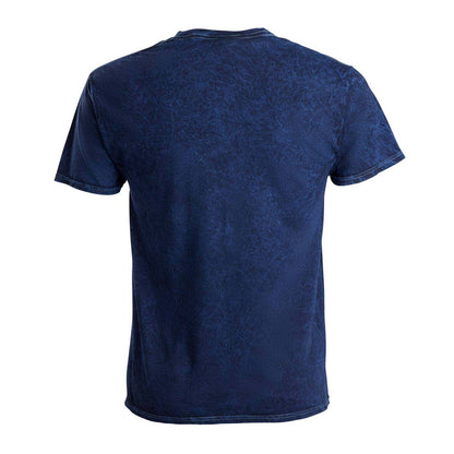 A dark blue short-sleeve t-shirt with a subtle distressed or faded texture, shown from the back.