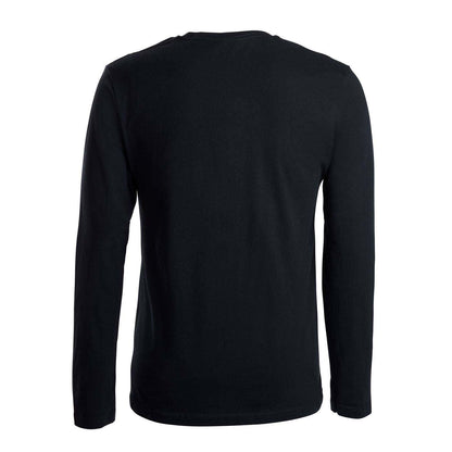 A black long-sleeve crewneck shirt shown from the back.
