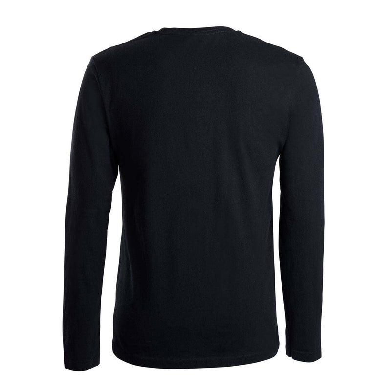 A black long-sleeve crewneck shirt shown from the back.