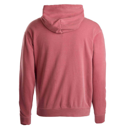 A dusty rose pink hoodie shown from the back, featuring a relaxed fit, ribbed cuffs, and a ribbed hem.