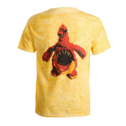 A yellow short-sleeve t-shirt with a distressed, mottled texture, featuring a large graphic of a red furry monster name Chum.