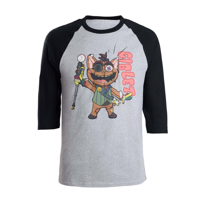 A 3/4 sleeve raglan baseball t-shirt with a heather gray body and black sleeves, featuring a colorful cartoon graphic of Giblet with the word 'GIBLET' printed vertically in red.