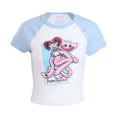 A white and light blue raglan t-shirt featuring a graphic of the characters from Poppy Playtime on the front, with 'Poppy Playtime' text printed below the graphic.