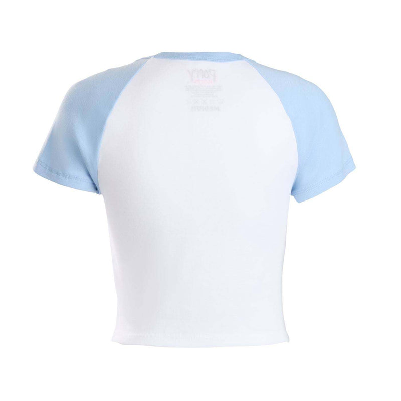 A short-sleeve crop top t-shirt with a white body and light blue raglan sleeves, shown from the back.