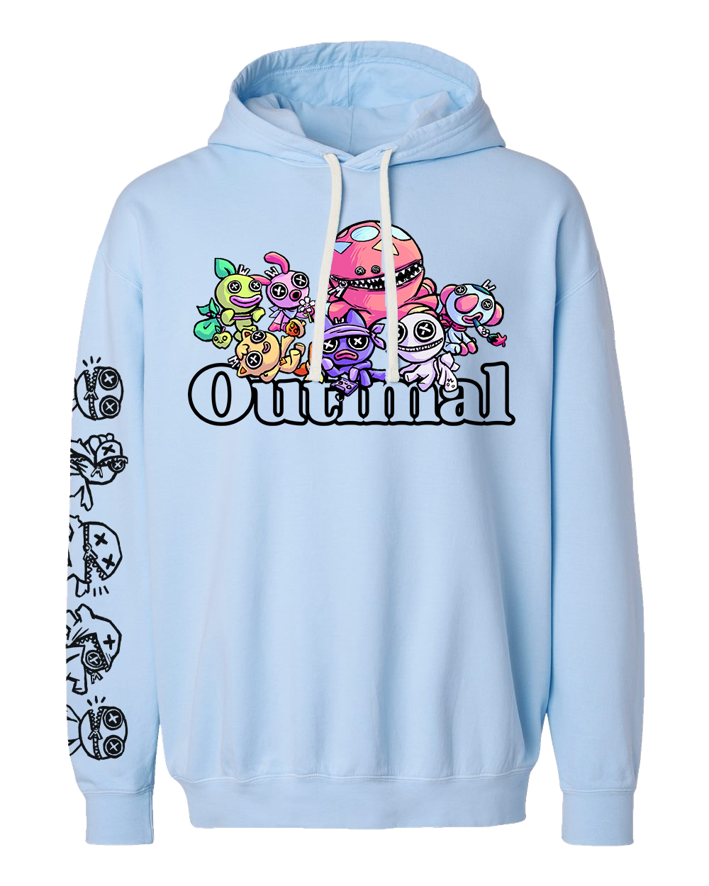 Light blue hoodie with colorful character design and 'Outmal' text.