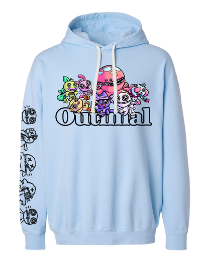 Light blue hoodie with colorful character design and 'Outmal' text.