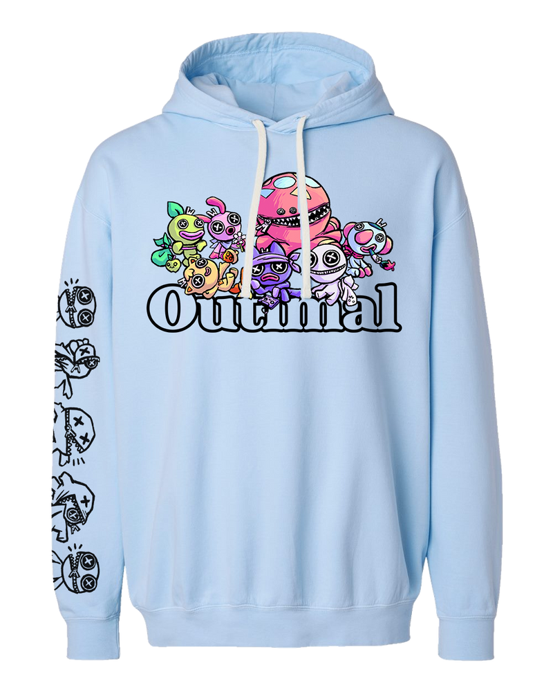 Light blue hoodie with colorful character design and 'Outmal' text.