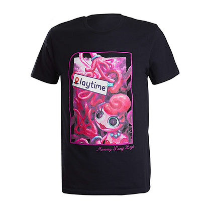 Black short-sleeve shirt with a colorful graphic design featuring Mommy Long Legs.