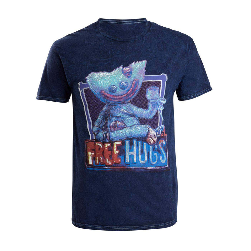 Navy t-shirt with a graphic of Huggy Wuggy character offering 'Free Hugs'.
