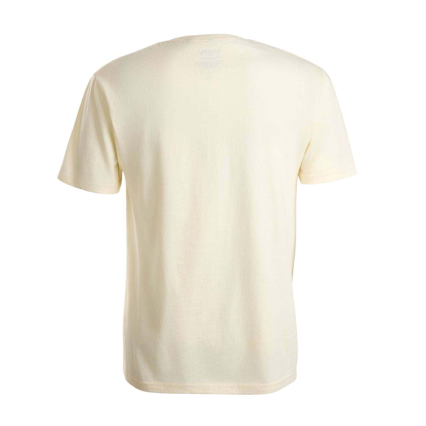 Back view of a beige shirt.