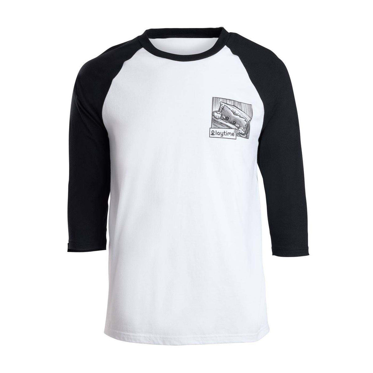 3/4 sleeve shirt with black sleeves and white body featuring a graphic design of huggy wuggy on the chest.