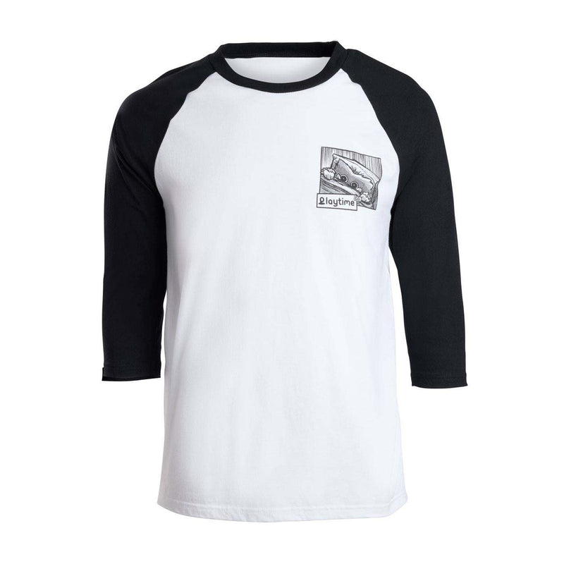 3/4 sleeve shirt with black sleeves and white body featuring a graphic design of huggy wuggy on the chest.