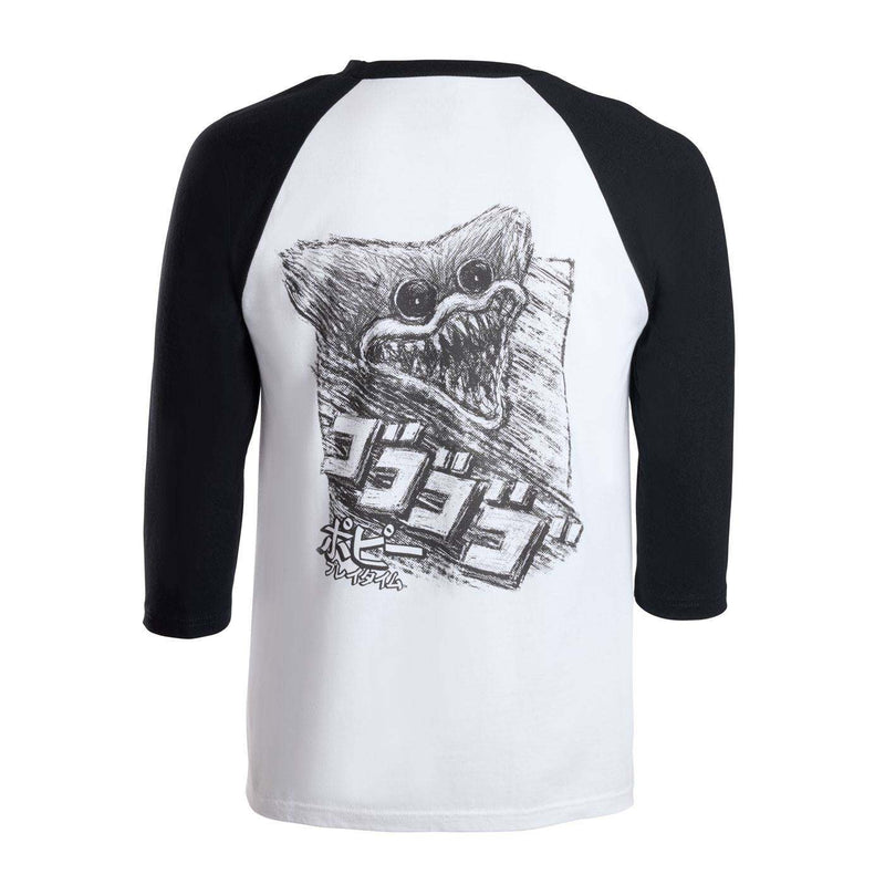 3/4 sleeve shirt with a graphic design of angry huggy wuggy with japenese text characters.