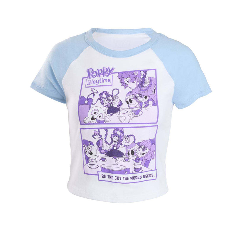 Crop top t-shirt with cartoon tea party design and 'Poppy' text on a white background