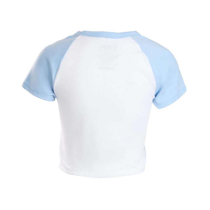 Back view of a crop top shirt with white body and light blue sleeve.