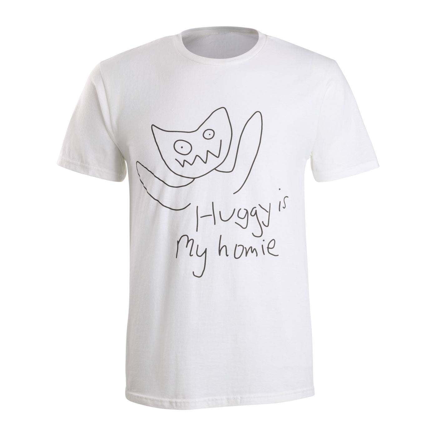 White t-shirt with a black outline of a cartoon huggy wuggy character and text 'Huggy is my homie'.