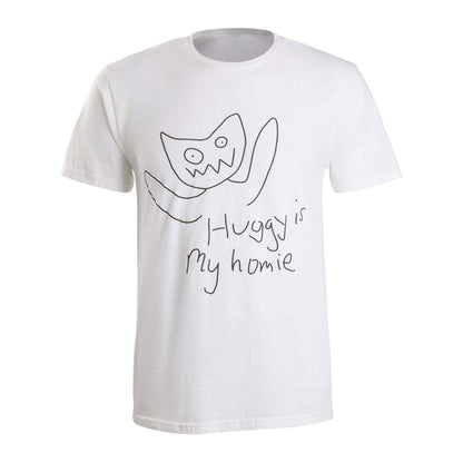 White t-shirt with a black outline of a cartoon huggy wuggy character and text 'Huggy is my homie'.