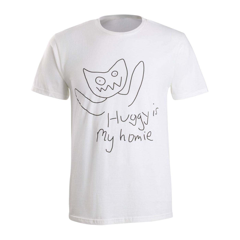 White t-shirt with a black outline of a cartoon huggy wuggy character and text 'Huggy is my homie'.