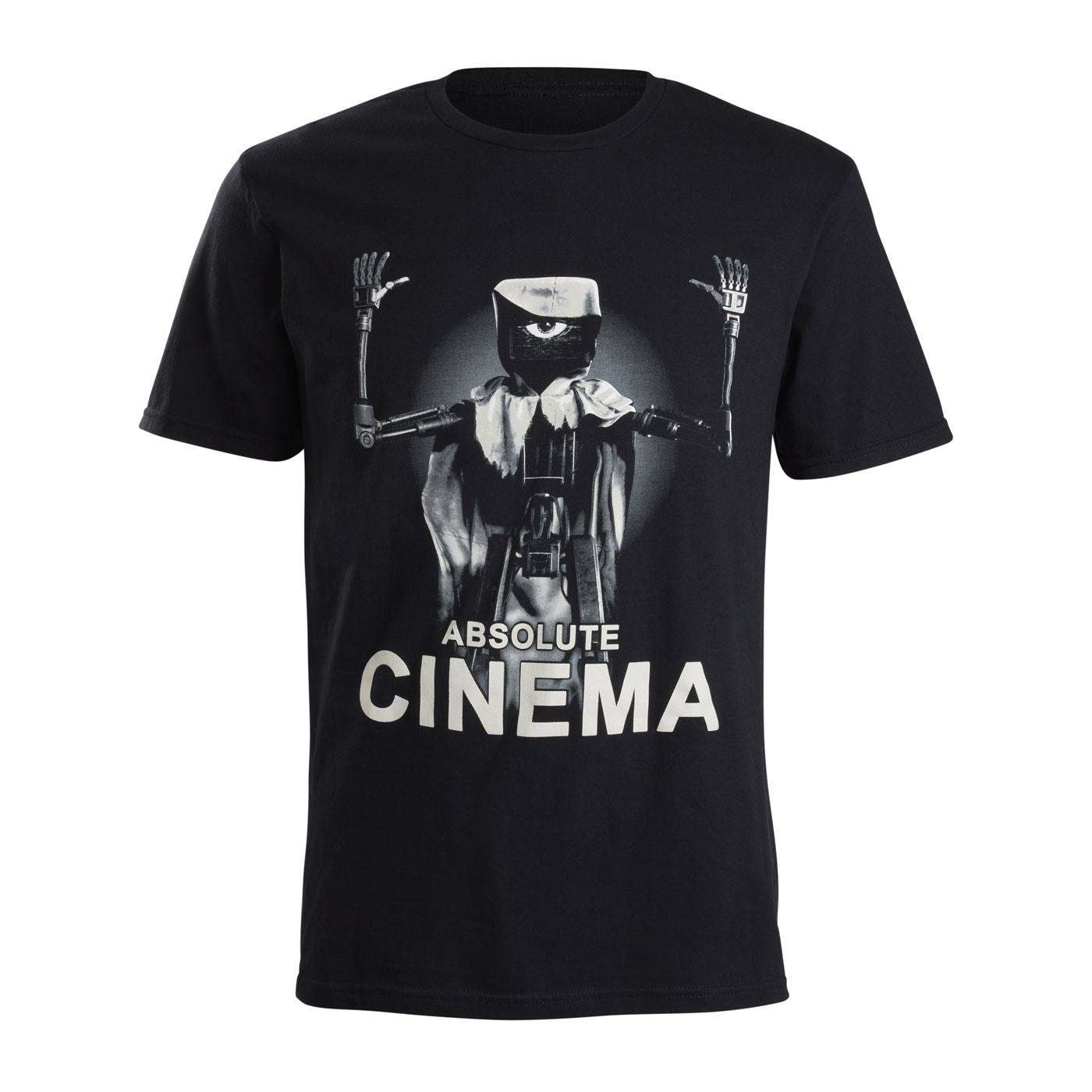 Black t-shirt with a graphic The Doctor character design and 'Absolute Cinema' text.