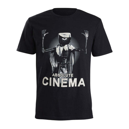 Black t-shirt with a graphic The Doctor character design and 'Absolute Cinema' text.