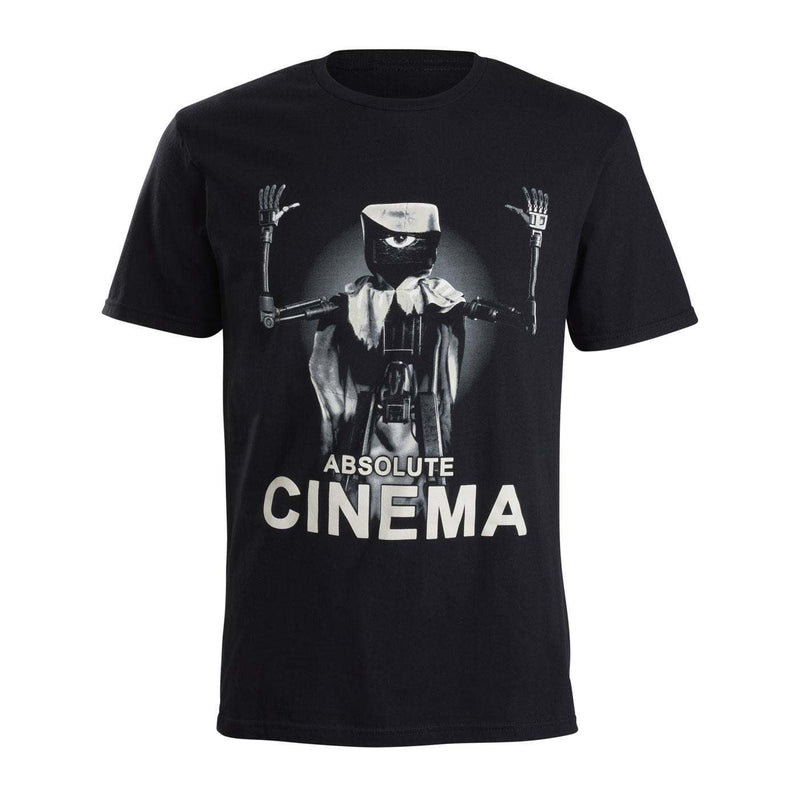 Black t-shirt with a graphic The Doctor character design and 'Absolute Cinema' text.