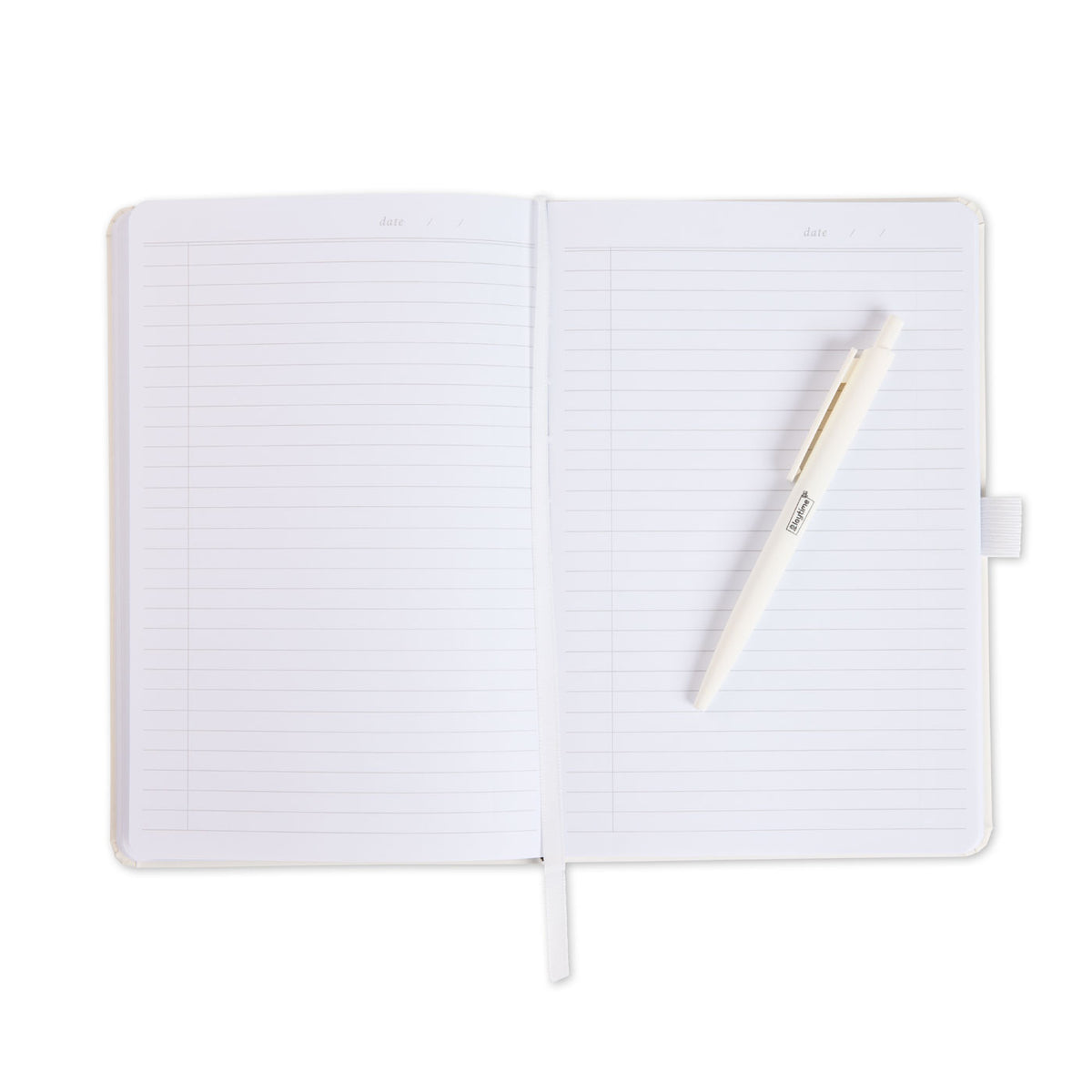 An open white notebook with a white pen resting diagonally across the pages.