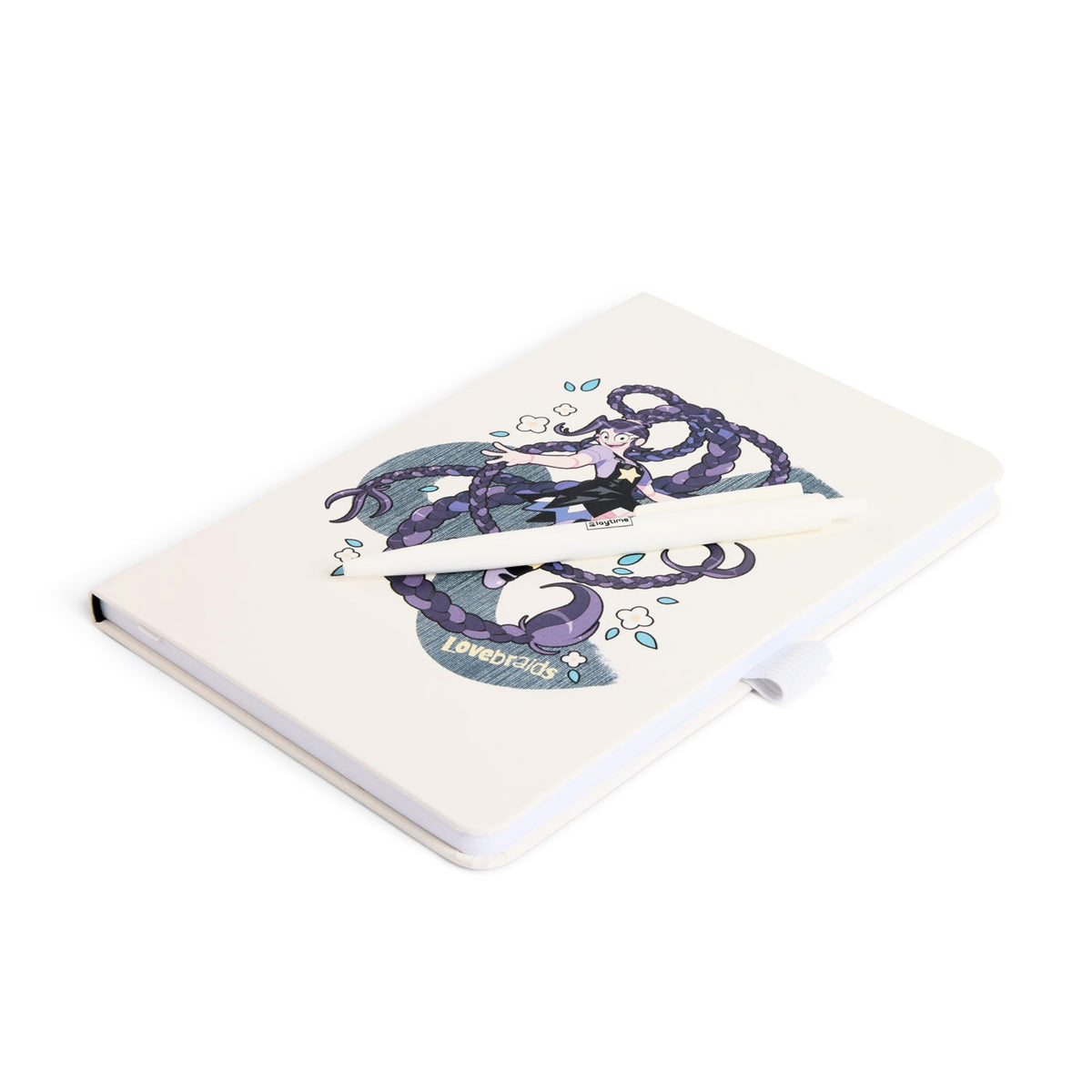 A white journal featuring a detailed illustration of Lily Lovebraids with purple hairand the word 'Lovebraids' on the cover, shown with a white pen.