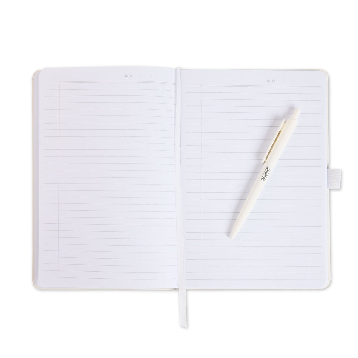 An open journal with white pages and a matching white pen resting on the right page.