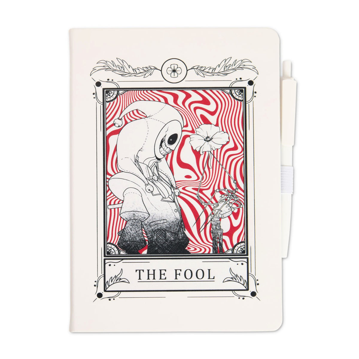 White journal with attached white pen featuring a tarot-style illustration titled “The Fool,” showing The Prototype holding a flower against a red swirling background.